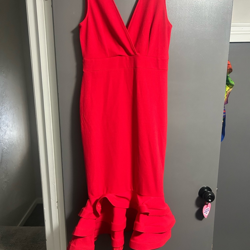 Fashion Nova Vibrant Red Ruffle Hem Midi Dress